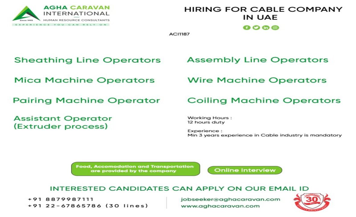 Urgent Hiring for a Cable Company in the United Arab Emirates
