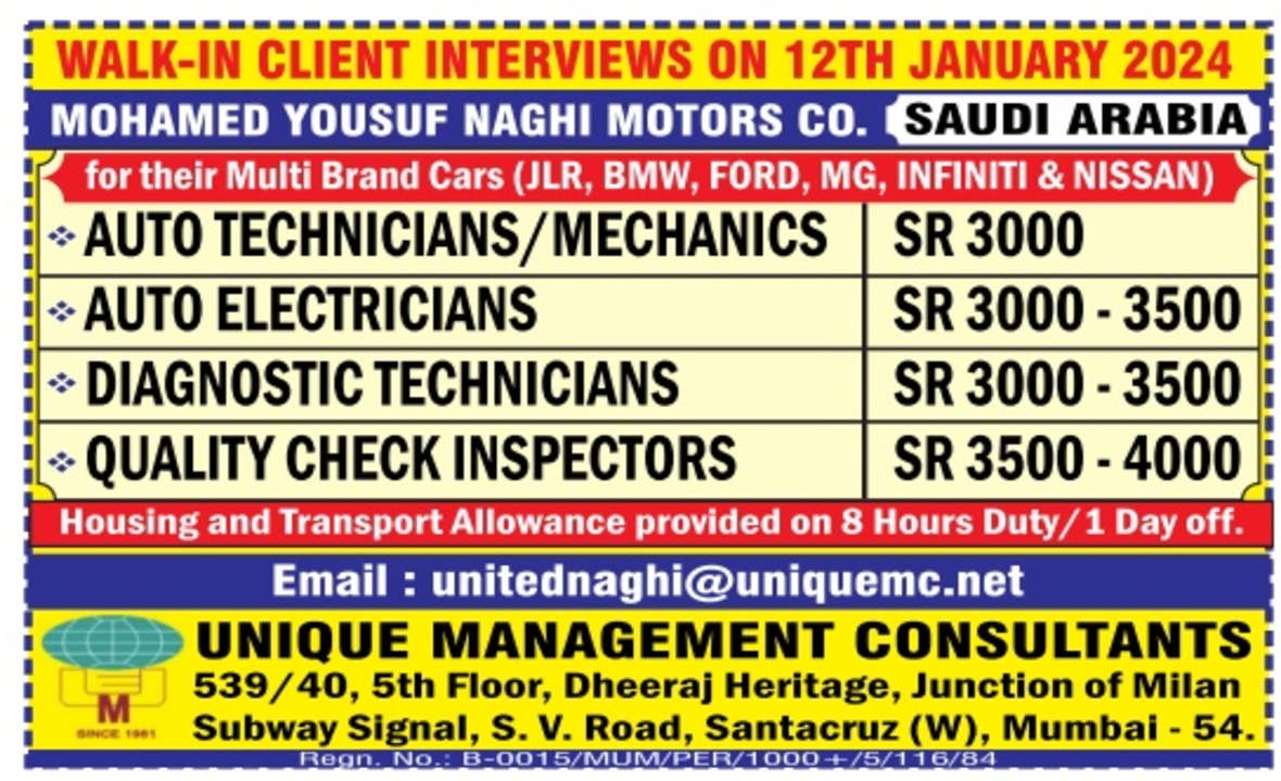 URGENT REQUIREMNET FOR A MOTOR COMPANY IN SAUDI ARABIA